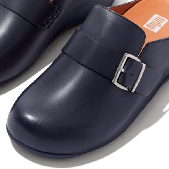 FitFlop Shuv Buckle-Strap Leather Clogs Midnight Blue NIB Slip Resistant - Picture 1 of 5